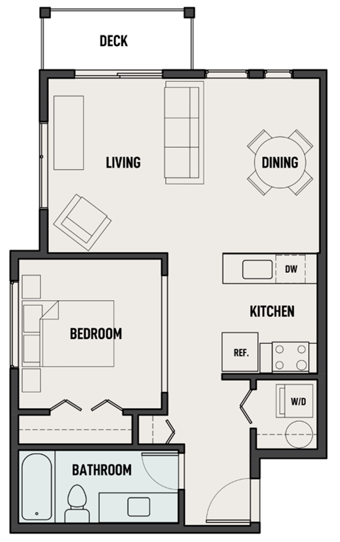 Floor plan for 1 bed, 1 bath, 636 sqft